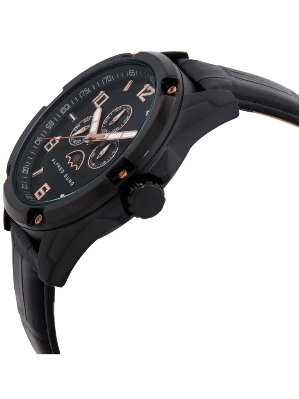 NWT Alfred Sung Astral Quartz Moon Phase Black Dial Men's Watch